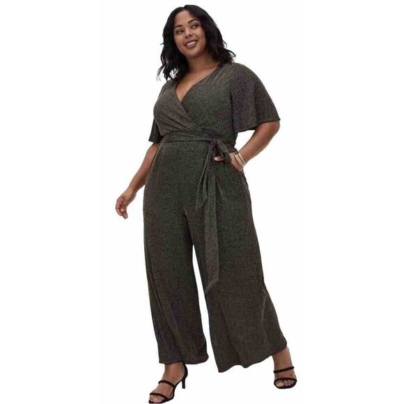 Torrid Shimmer Surplice Neck Wide Leg Jumpsuit Black Gold 4X Tie Waist Pockets - Picture 1 of 14
